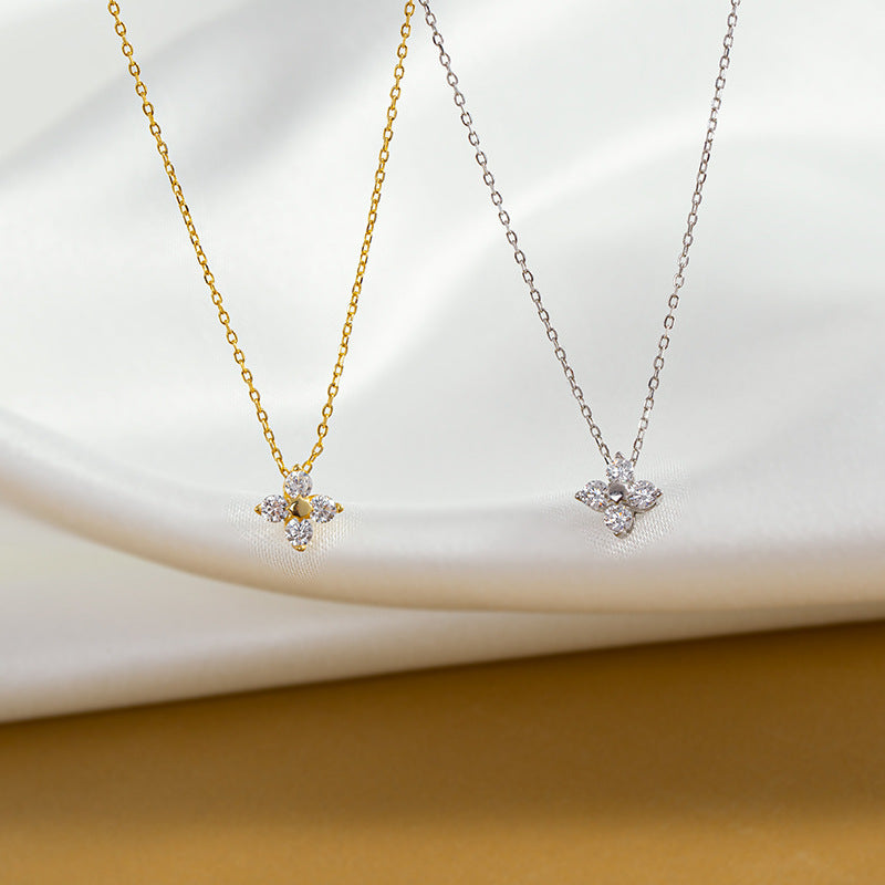 CZ Four Petal Flower Sterling Silver Necklace