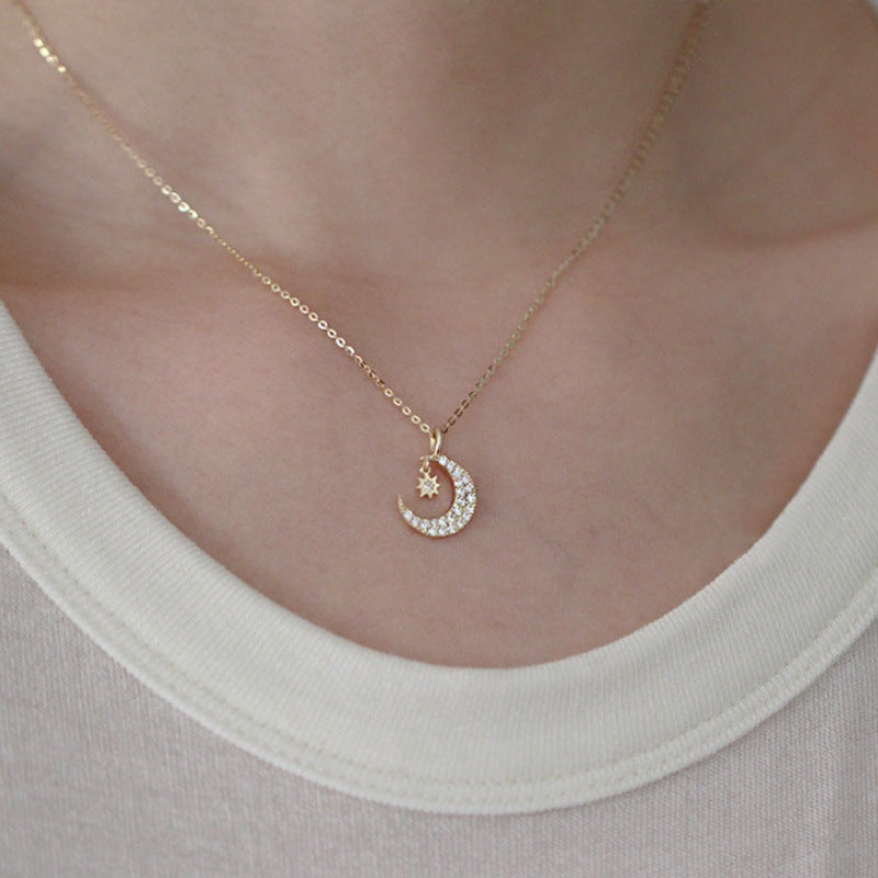 Sterling Silver CZ Moon & Star Necklace