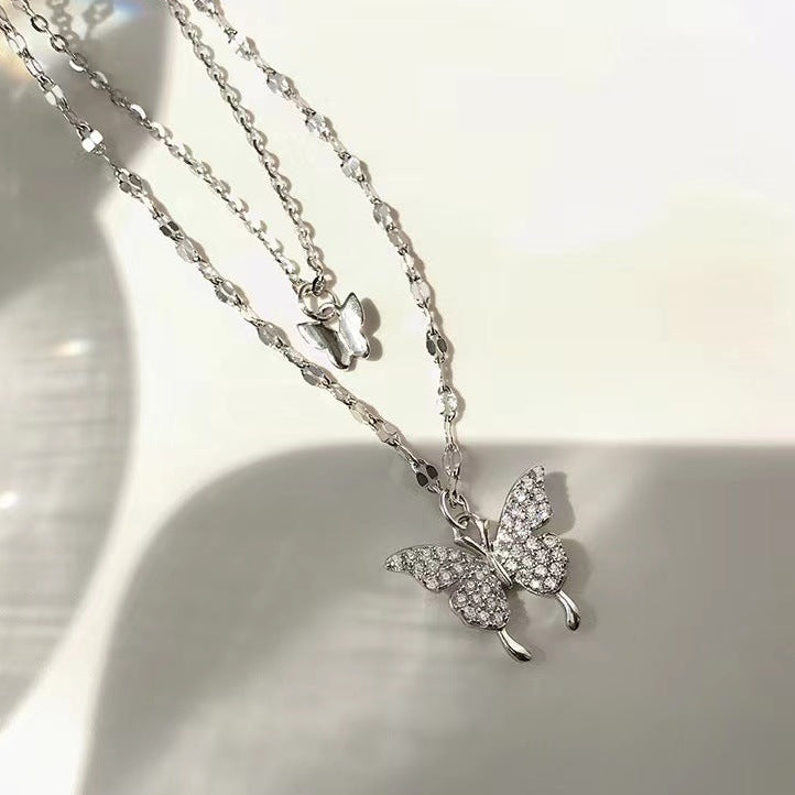 Double Butterfly Satellite Chain Sterling Silver Necklace