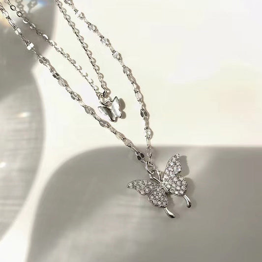 Double Butterfly Satellite Chain Sterling Silver Necklace