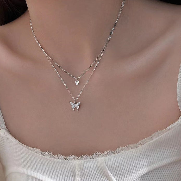 Double Butterfly Satellite Chain Sterling Silver Necklace