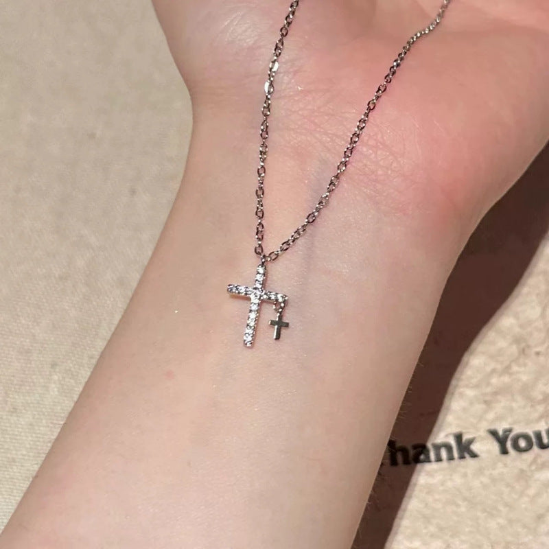 Sterling Silver CZ Double Cross Necklace