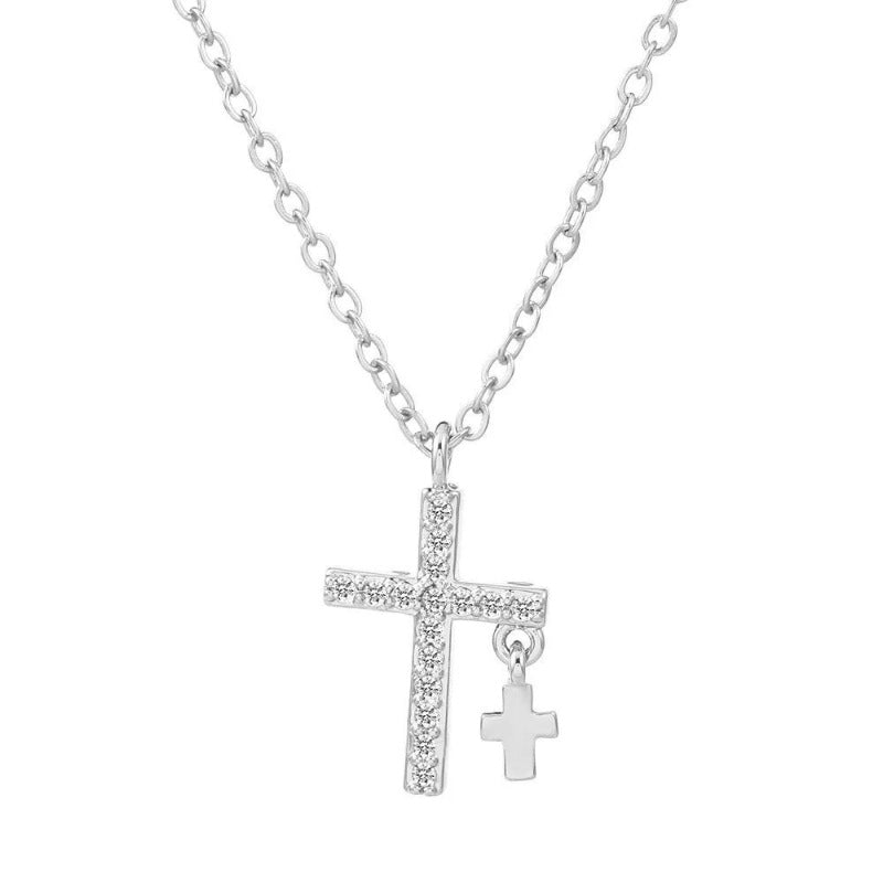 Sterling Silver CZ Double Cross Necklace