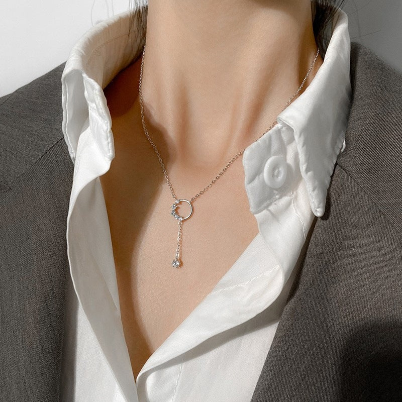 Sterling Silver CZ Circle Lariat Necklace